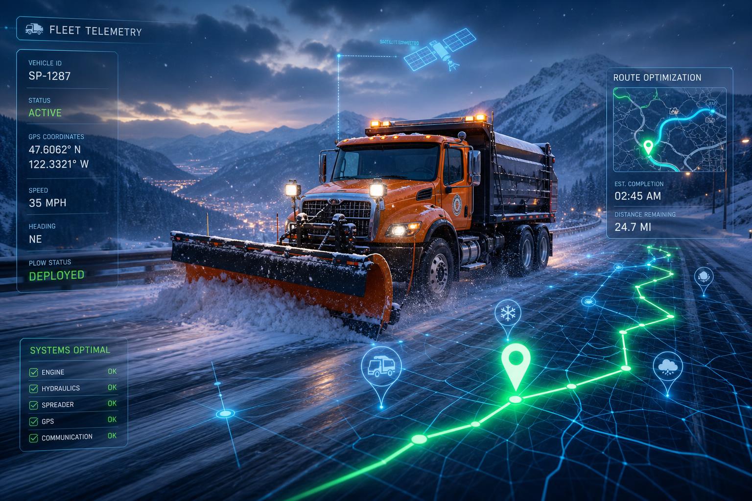 Illustration of GPS fleet tracking with location pins, a truck, and a satellite dish