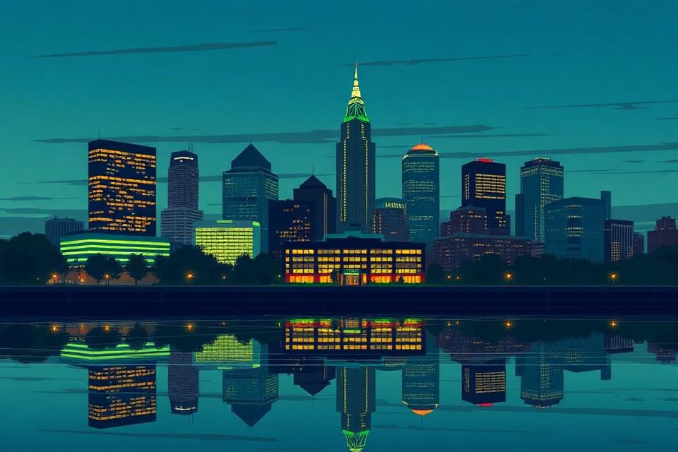 Illustration of the Bloomington Illinois skyline at dusk reflected on water
