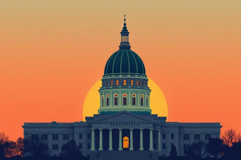 Illustration of the Illinois State Capitol dome in Springfield at sunset